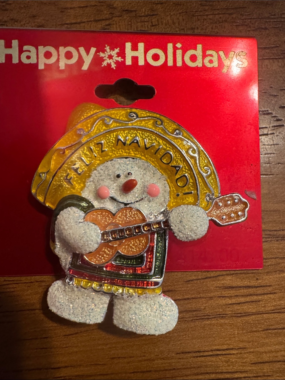 Feliz Navidad Snowman Brooch with Yellow Sombrero - Unbranded